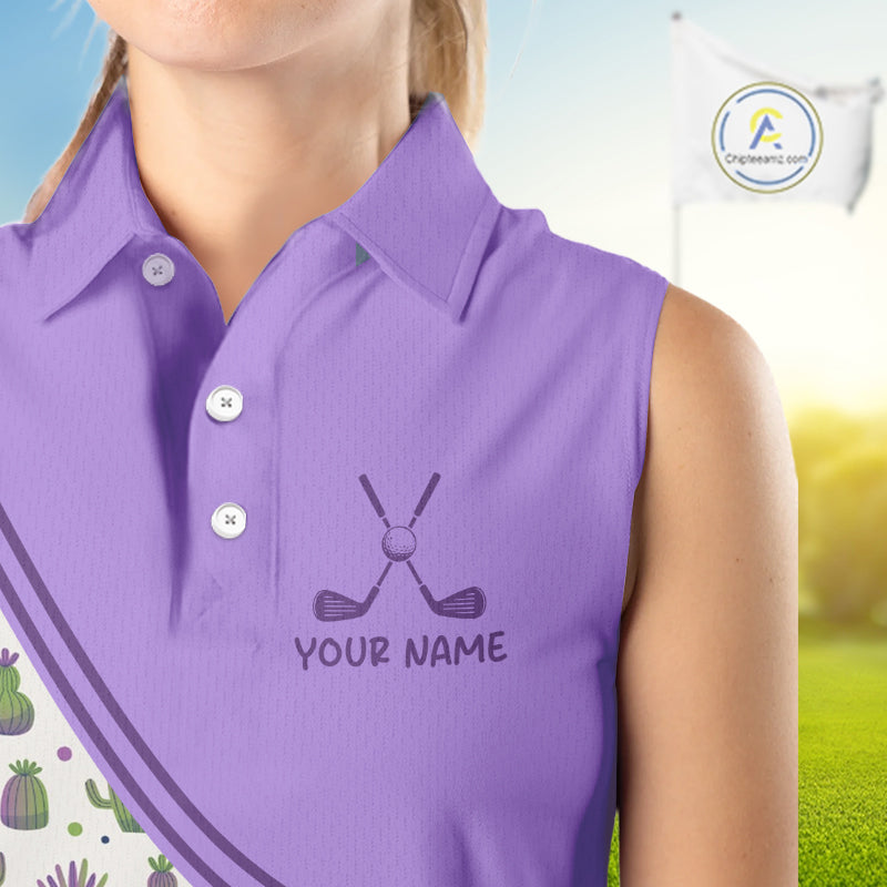 Personalized Funny Purple Cactus Pattern Womens Sleeveless Golf Polo Shirts Custom Cactus Golf Shirt, Golfer Gifts NBT707