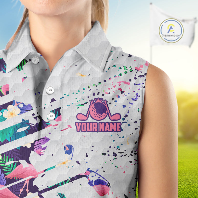 Women Sleeveless Flamingo Golf Polo Shirt, Colorful Tropical Flamingo Pattern, Tropical Golf Shirt NBT477