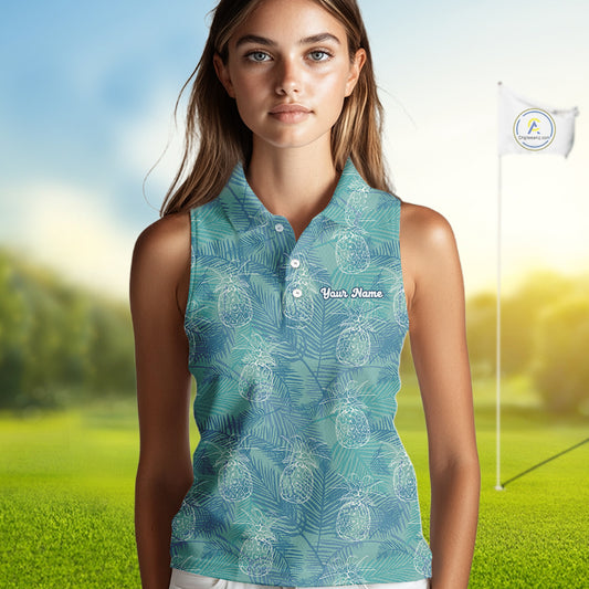 Funny Pineapple Tropical Palm Tree Womens Sleeveless Golf Polo Shirts Custom Golf Shirts For Women NBT511