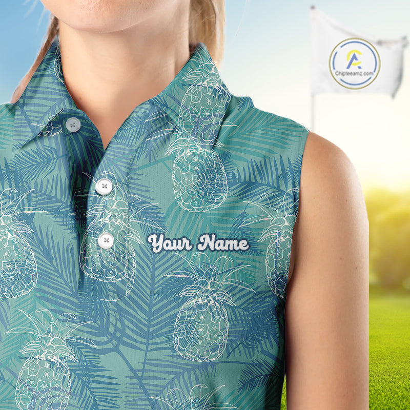 Funny Pineapple Tropical Palm Tree Womens Sleeveless Golf Polo Shirts Custom Golf Shirts For Women NBT511