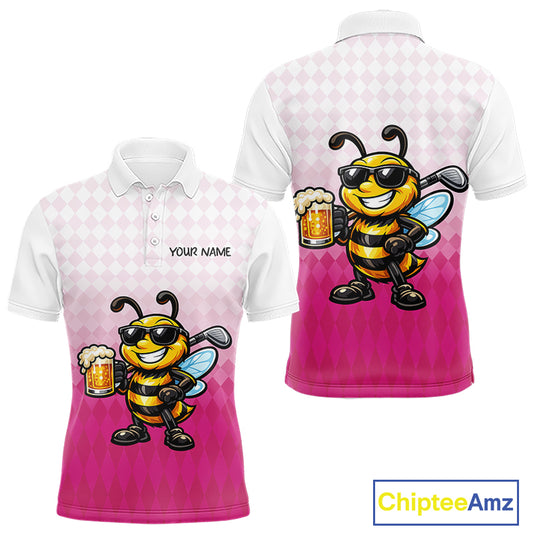 Funny Bee Golf Polo Shirt For Men, Cute Bee With Beer Print Shirt, Sporty Animal Golf Gift|Pink NBT666