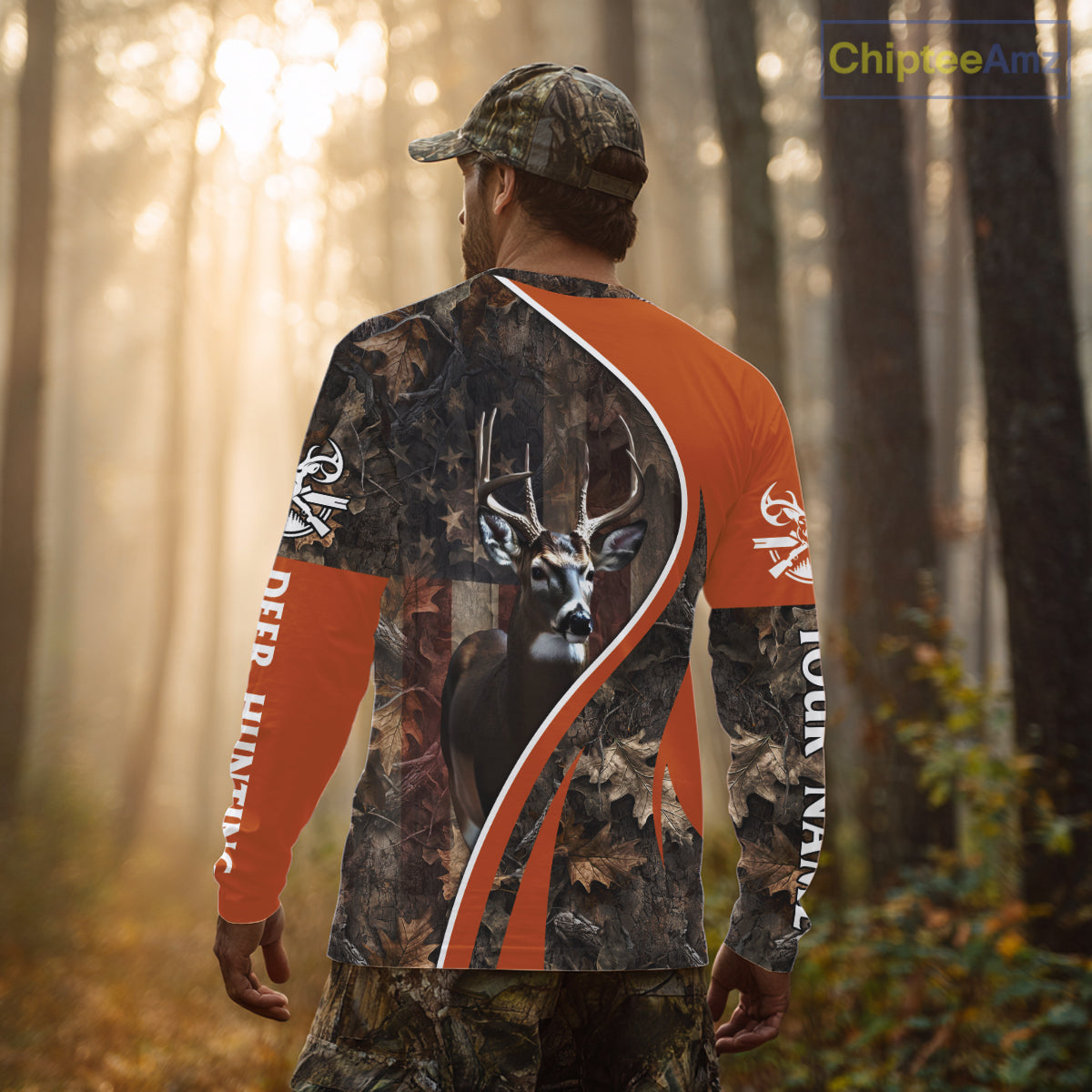 Custom Whitetail Deer Hunting Shirt 3D All Over Print with Orange Camo US Flag Hunting Gifts NBT253