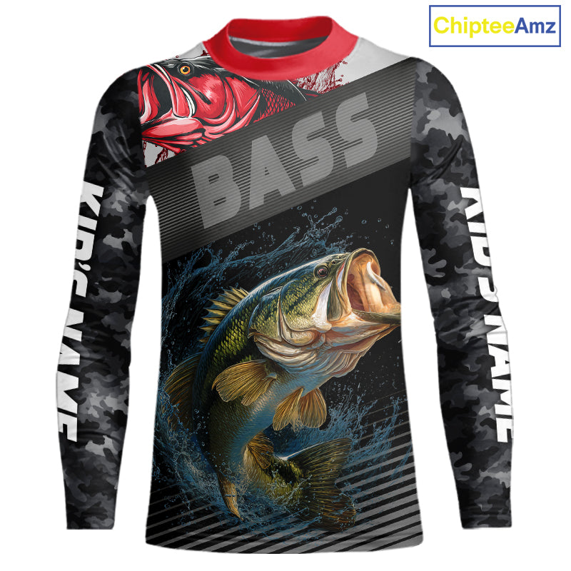 Personalized Largemouth Bass Fishing Kid Long Sleeve Black Camo Shirts, Bass Fishing League Jerseys NBT345