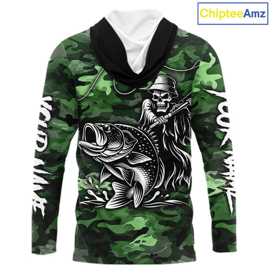 Reaper Fishing Largemouth Bass Long Sleeve Hooded Fishing Shirts Green Camo, Camo Fishing Shirt NBT392