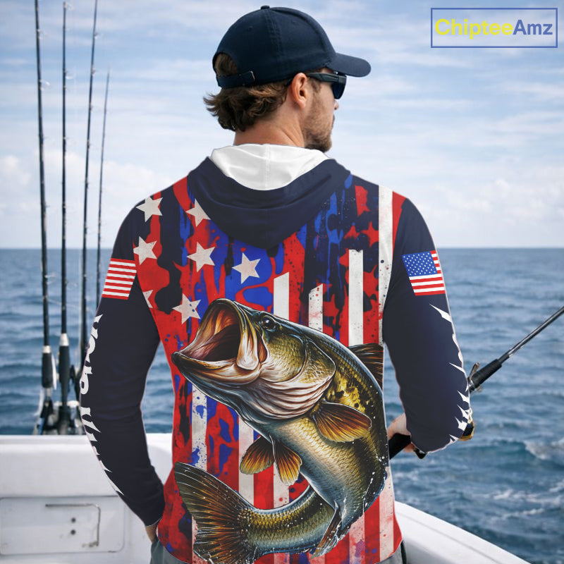 American Flag Bass Long Sleeve Hooded Fishing Shirts, Bass Fishing Tournament Shirts, Bass Fishing Shirts NBT432