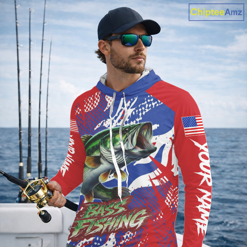 Bass Fishing American Flag Long Sleeve Hooded Fishing Shirts, Bass Fishing Shirts For Men, UPF Fishing Shirts NBT436
