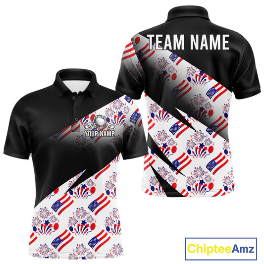 Front and back view of America 250th Anniversary mens golf polo shirt with patriotic USA flag design with personalized name