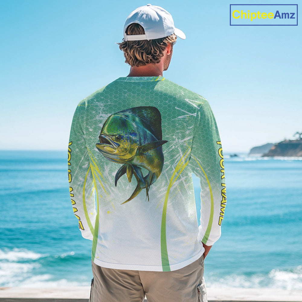 Mahi Mahi Fishing Shirts Long Sleeve Green Camo, Saltwater Fishing Shirts For Men NBT405