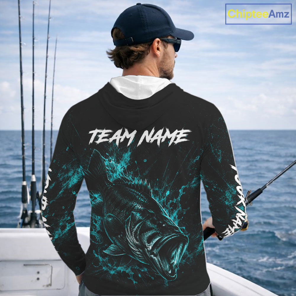 Personalized Bass Fishing Jerseys, Custom Neon Camo Bass Fishing Shirts Long Sleeve Hooded For Men NBT899