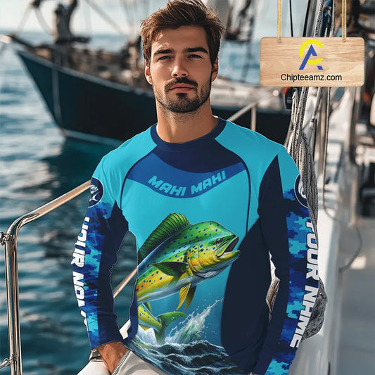 Custom Mahi Mahi Long Sleeve Fishing Shirts For Team, Saltwater Performance Fishing Shirt NBT350