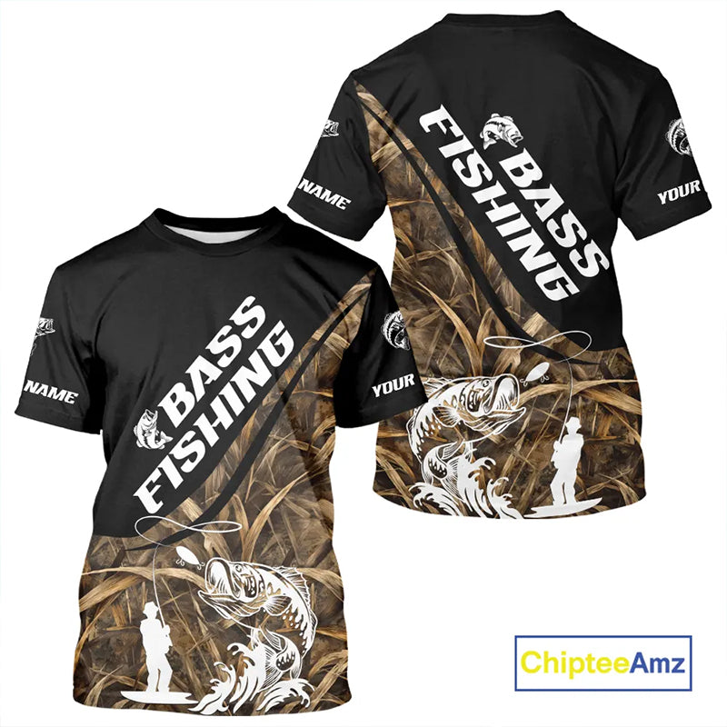 Personalized Largemouth Bass Tatto Grass Camo Customized Fishing Tournament Shirts NBT355