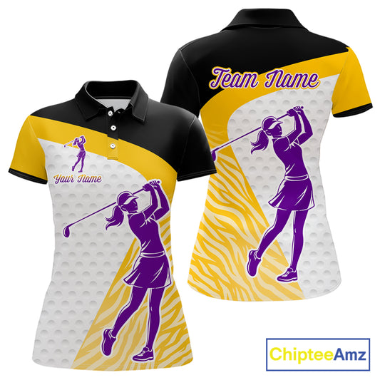 Yellow & Purple Zebra Pattern Womens Golf Polo Shirts Custom Name Gift For Golf Lovers NBT583