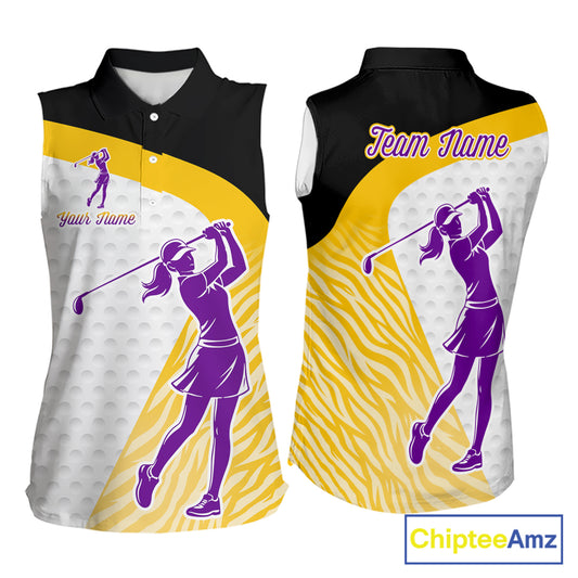 Yellow & Purple Zebra Pattern Womens Sleeveless Golf Polo Shirts Custom Name Gift For Golf Lovers NBT583