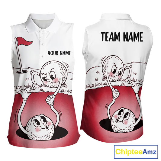 Red Funny Sleeveless Golf Rescue Team Polo Shirt Custom Name, Golf Ball Cartoon Polo, White Golf Shirt NBT601
