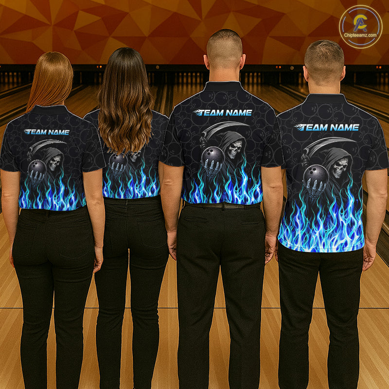Bowling team wearing matching custom blue fire flame Grim Reaper skull bowling jerseys with personalized names - back view