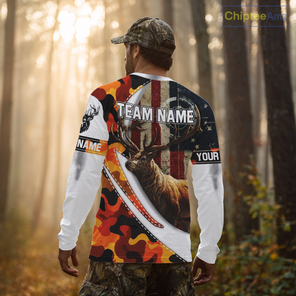 Blaze Orange Camo Elk Hunting Hoodie, Longsleeve Shirt for Men, Custom Name NBT06