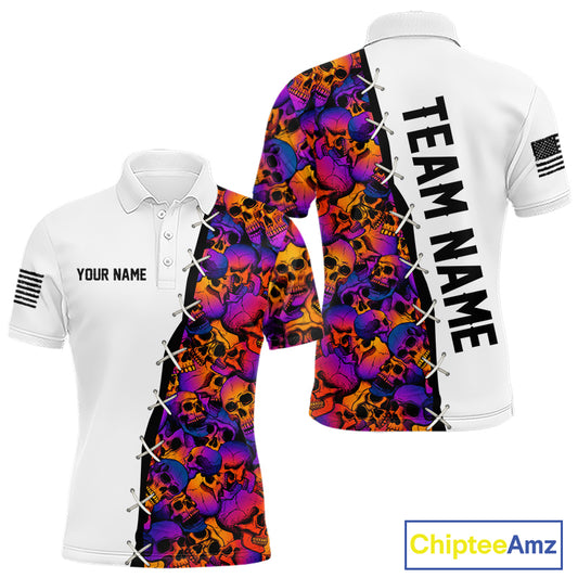 Colorful Skull American Flag Mens Polo Shirt Front and Back View Custom Name Team Name