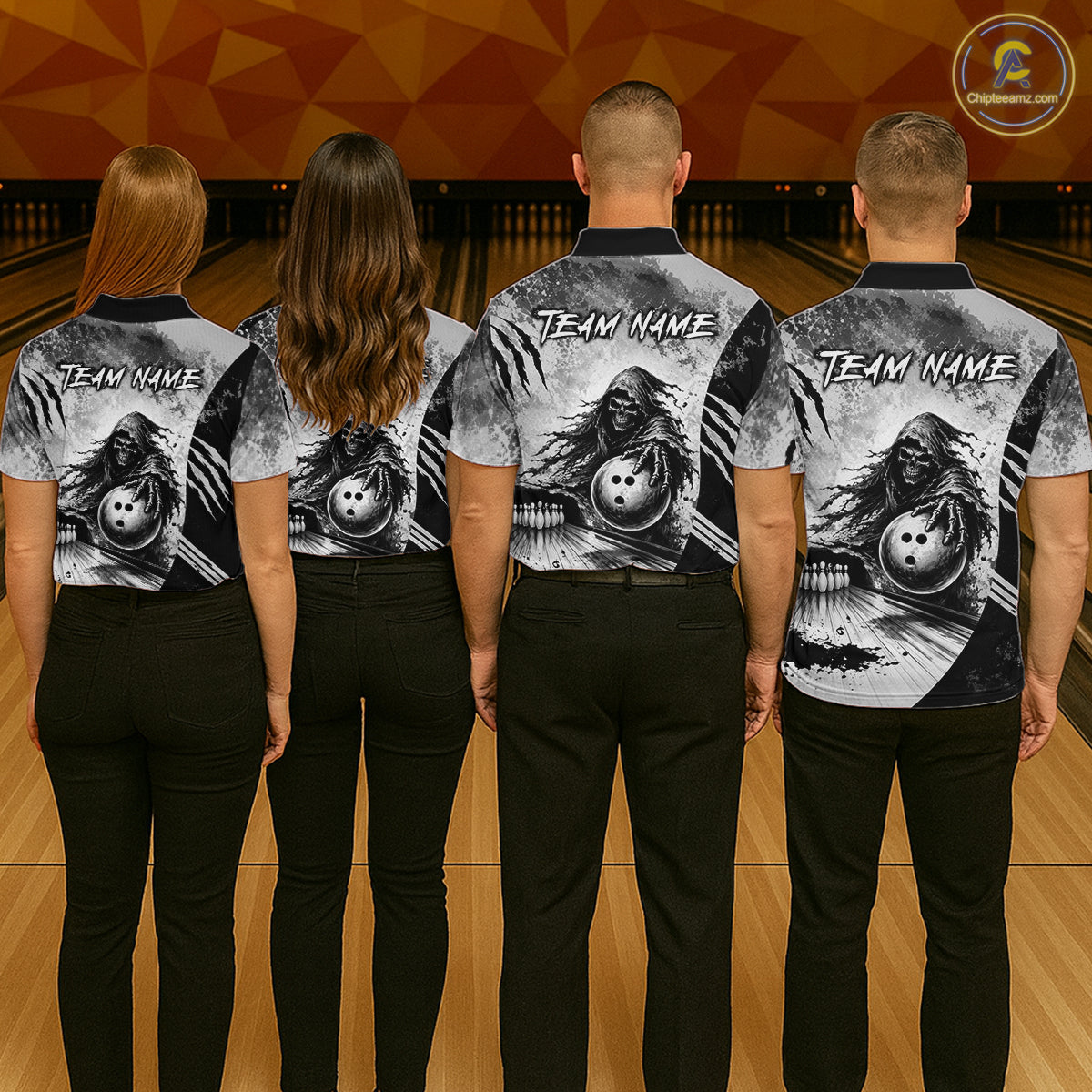 Bowling team wearing matching custom gray camo skeleton Grim Reaper Halloween bowling jerseys with personalized names - back view