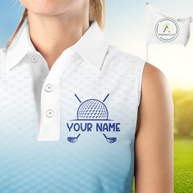 Blue White Womens Sleeveless Polo Golf Shirts Custom Name Golf Shirt For Women, Golf Team Clothes NBT504