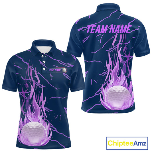 Golf balls purple flame pattern mens golf polo shirt - back view