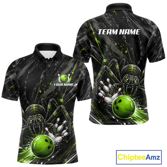 Custom Black And Green Spider Bowling Men Polo & 1/4 Quarter Zip Shirt, Bowling Team Tournament Jerseys NBT936