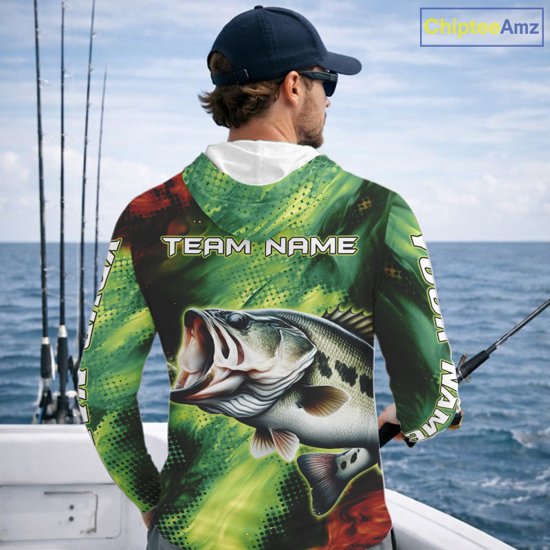 Custom Green Camo Bass Long Sleeve Hooded Fishing Shirts, Bass Fishing Shirts For Men NBT449