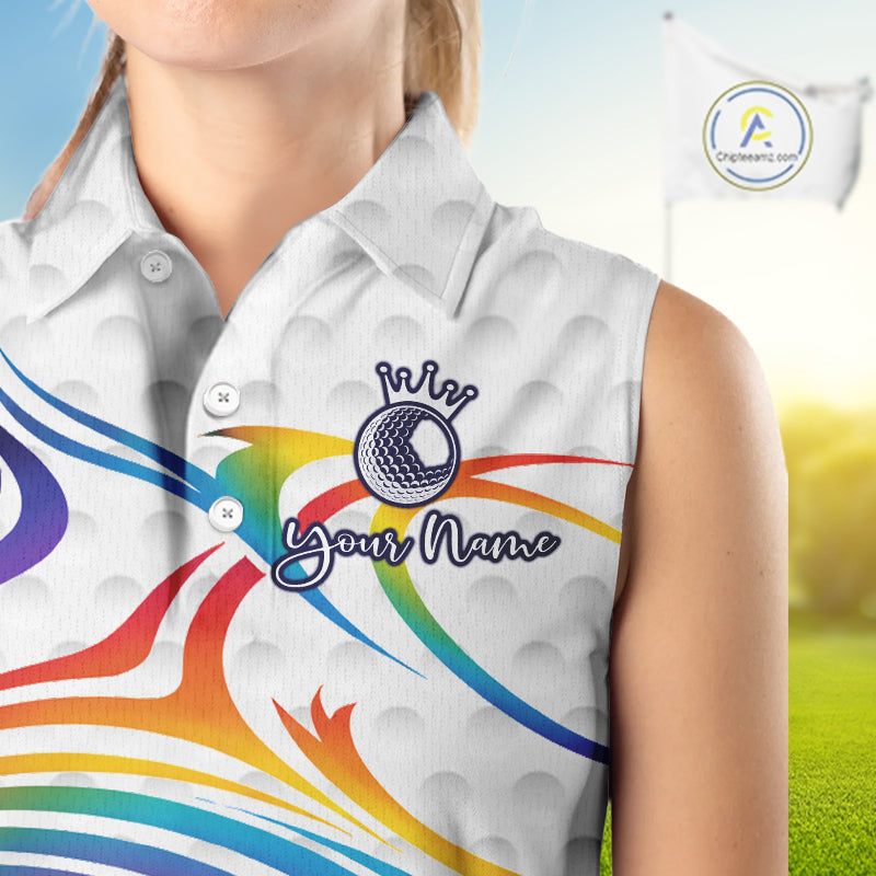 Rainbow Color Womens Sleeveless Golf Polo Shirts Golf Ball Pattern Custom Name, White Golf Shirt For Women NBT545