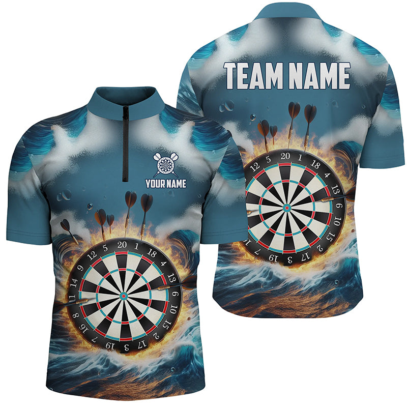 Fire And Water Blue Darts Quarter Zip Shirt Custom Darts Shirt For Men Dart Jerseys LDT1431