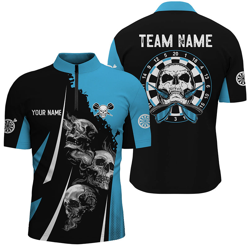 Skull Strike Personalized Darts Quarter-zip Shirt Black Blue Skull Dart Jerseys For Men LDT0973