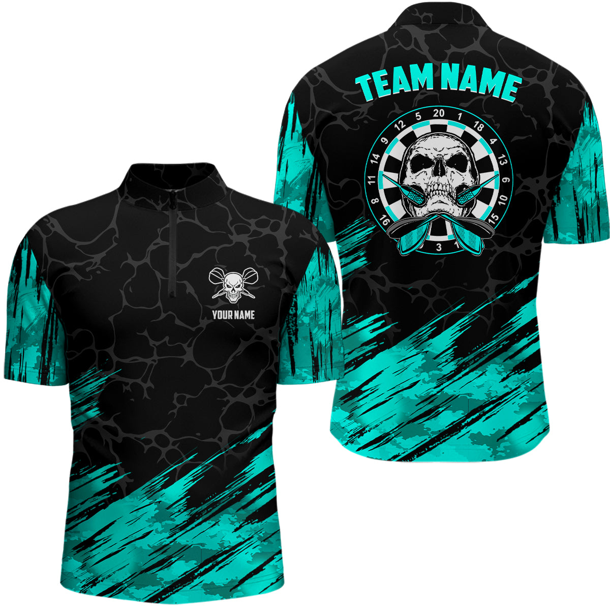 Personalized All Over Print Skull Darts Quarter-zip Shirt Turquoise Black Men Dart Jerseys LDT0903