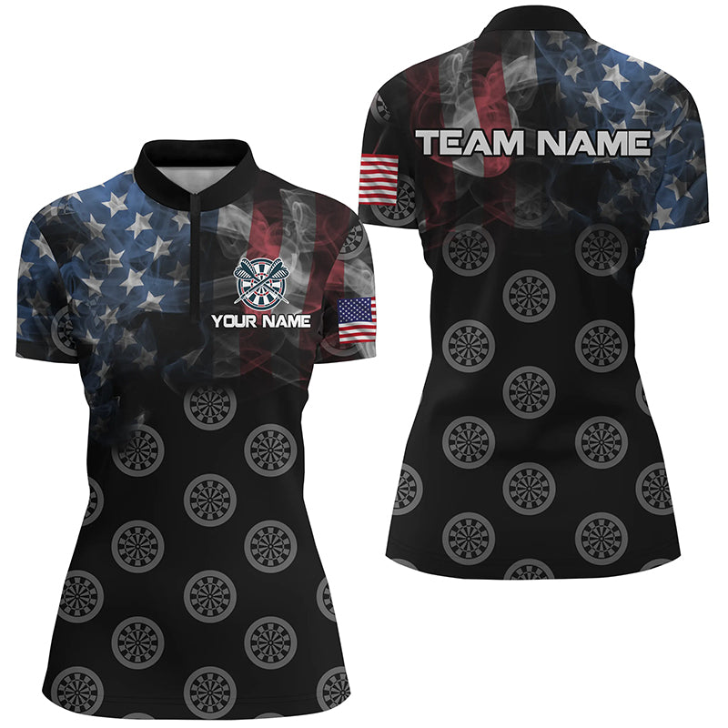 Personalized Smoke US Flag Dart Quarter-Zip Shirts, Patriotic Darts Shirts For Women Dart Jerseys VHM1103
