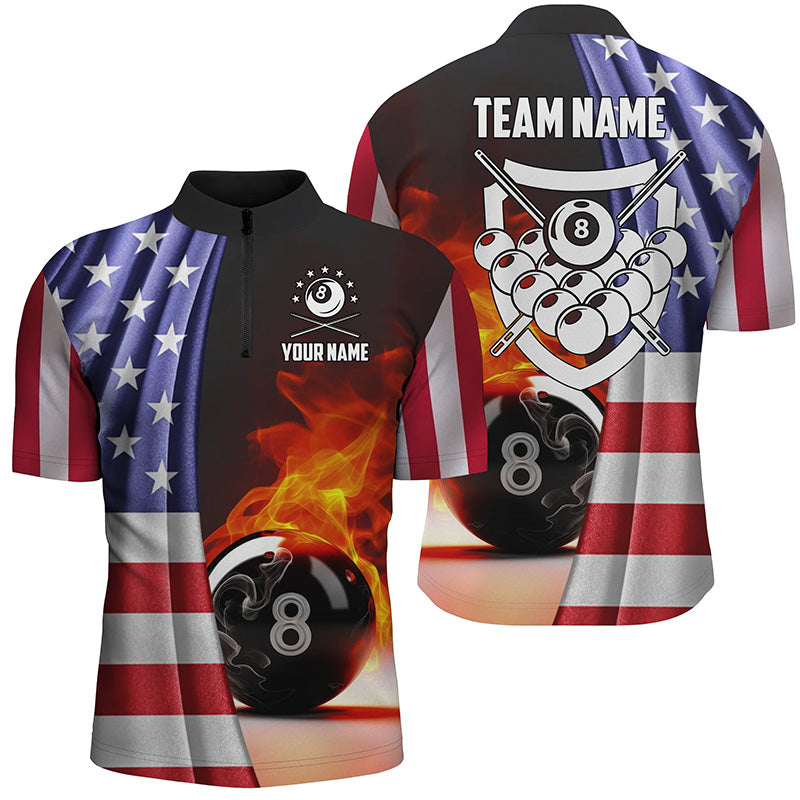 Personalized Fire 8 Ball Pool Billiard 3D Quarter-Zip Shirts For Men, US Flag Billiards Jerseys VHM0232