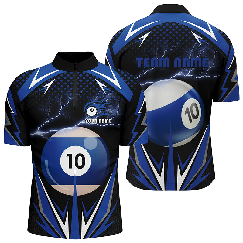 Personalized Thunder Blue 10 Ball Billiard 3D Quarter-Zip Shirts For Men, 10 Ball Billiard Jerseys VHM0956