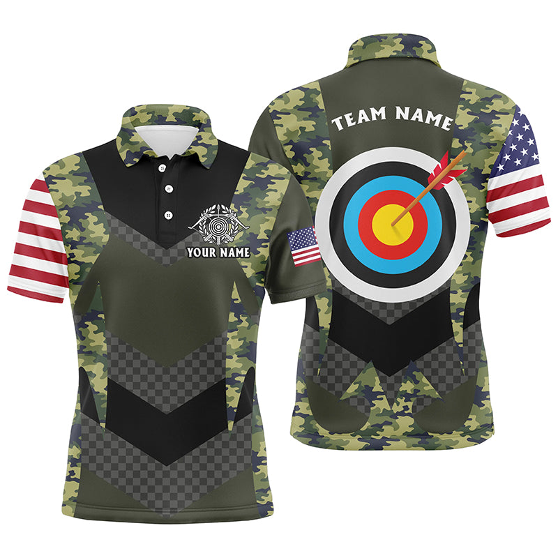 Personalized US Flag Camouflage Target Archery 3D Polo Shirts For Men, Custom Archery Team Jerseys VHM1059
