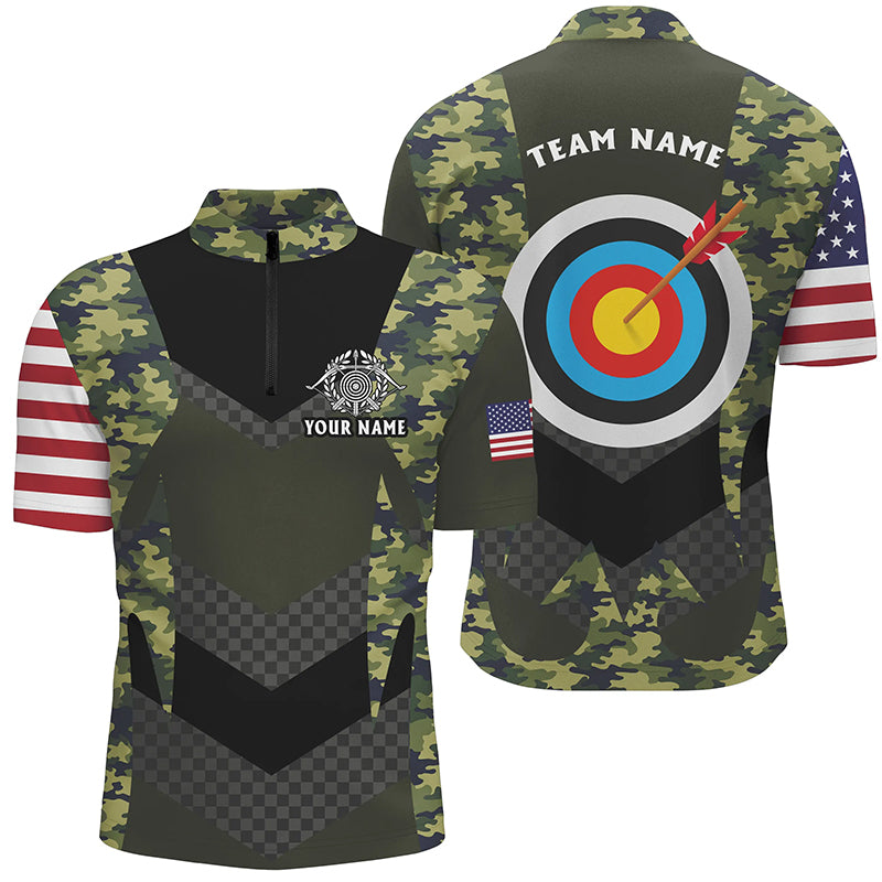Personalized US Flag Camouflage Target Archery 3D Quarter-Zip Shirts For Men, Archery Team Jerseys VHM1059