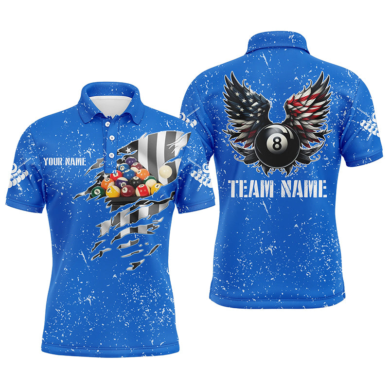 Personalized US Flag Billiard Balls 3D Polo Shirts For Men, Blue Billiard 8 Ball Wings Jerseys VHM1006
