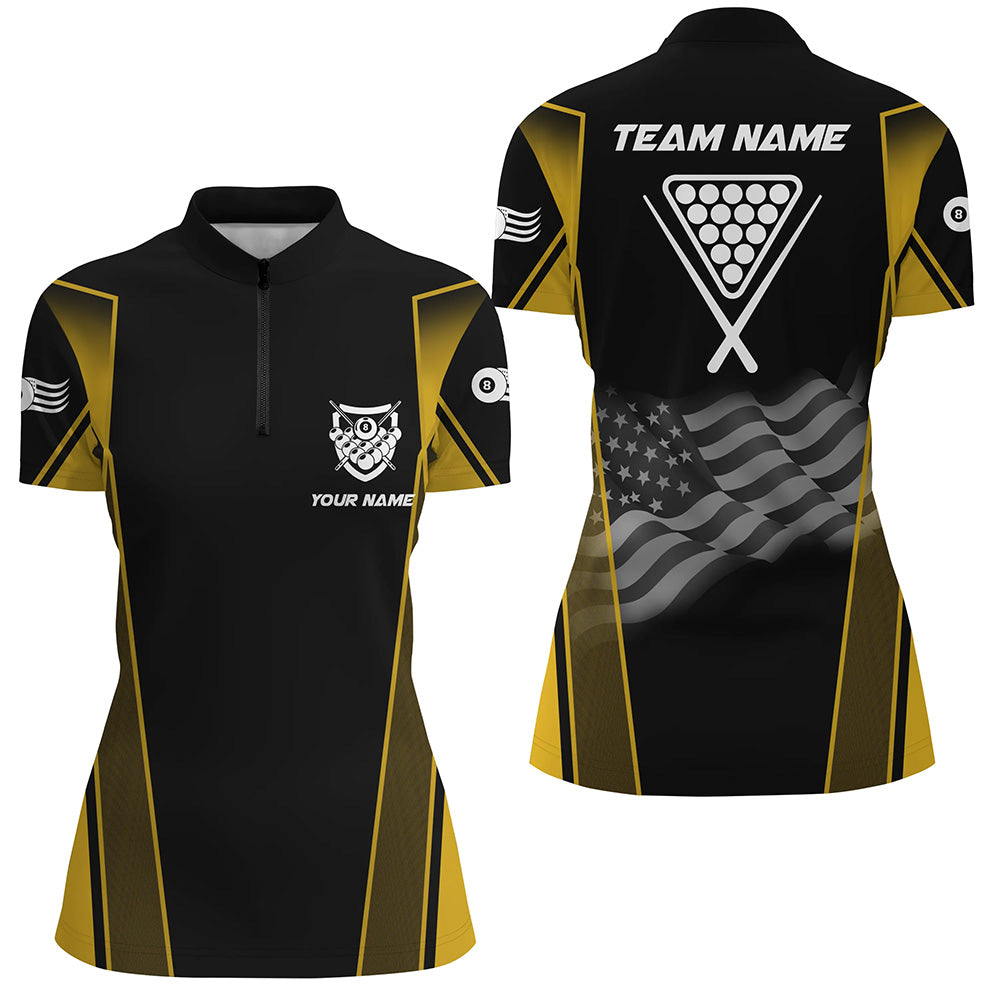 Personalized US Flag 8 Ball Pool 3D Quarter-Zip Shirts For Women, Black Yellow Billiard Balls Jerseys VHM1051