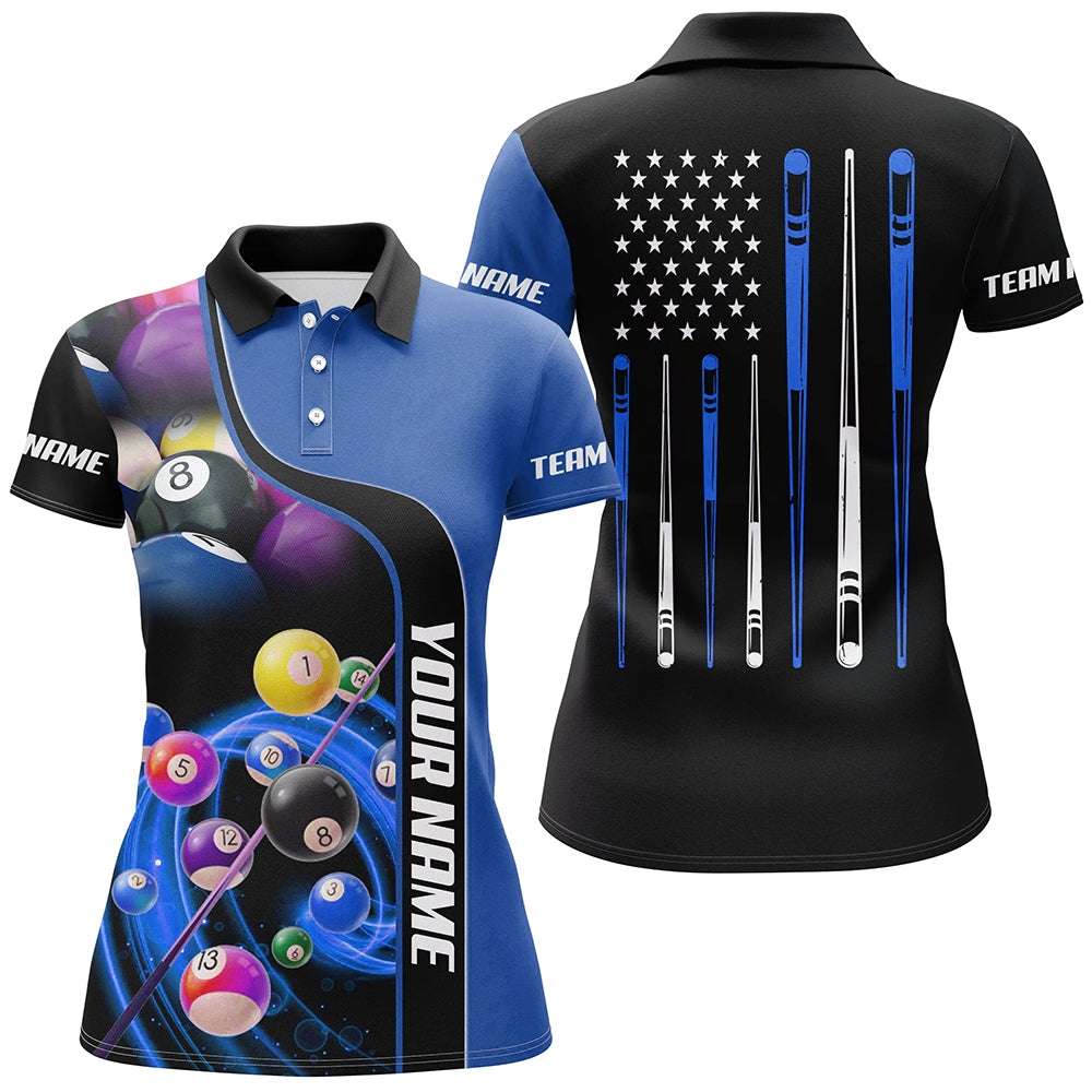 Personalized Blue Billiard Balls 3D Polo Shirts For Women, Custom US Flag Stick Billiard Team Shirts VHM0750