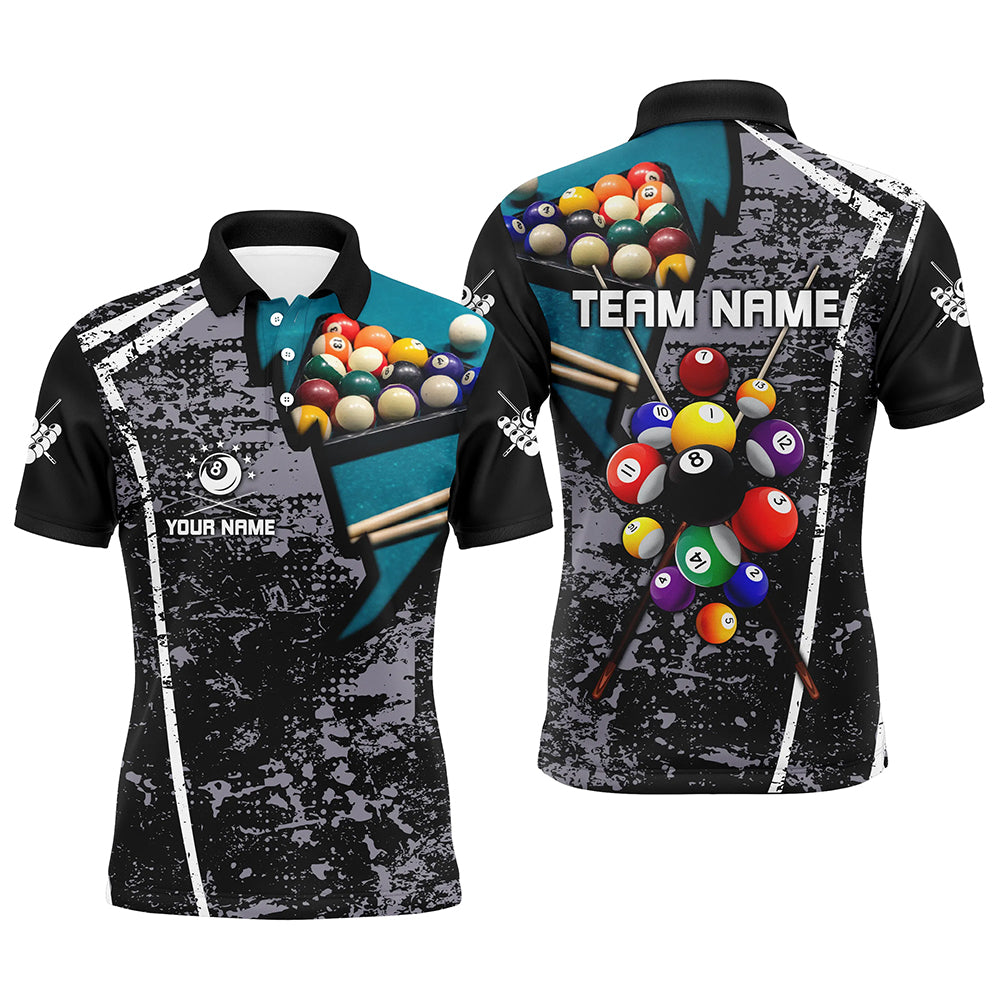 Personalized Grey Grunge Billiard Polo Shirts For Men, Custom 3D Pool Balls Billiard Jerseys VHM0186