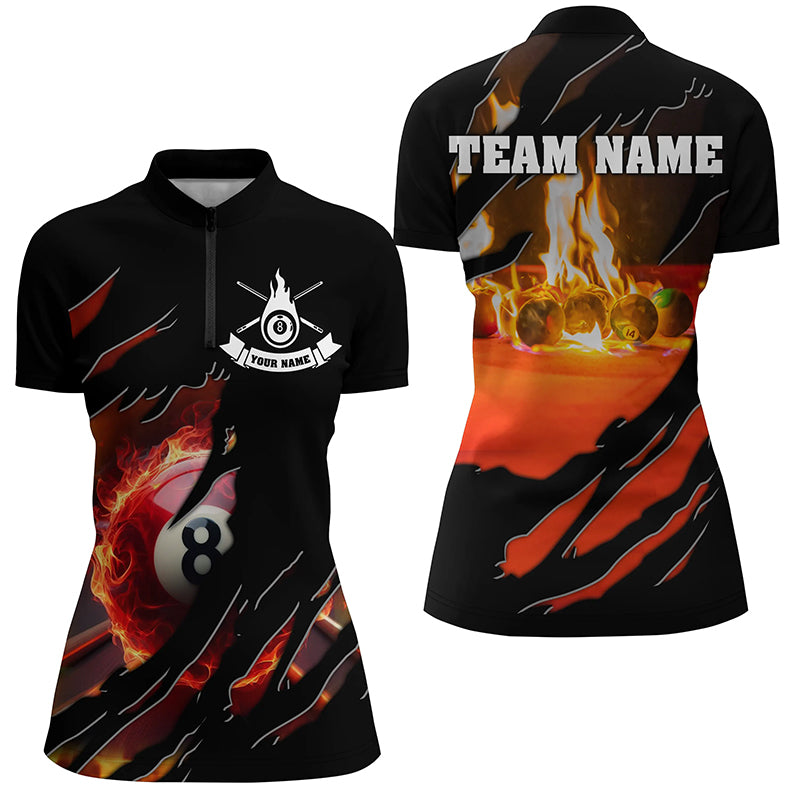 Personalized Fire 8 Ball Pool Quarter-Zip Shirts For Women, 3D Flame Billiard Balls Team Jerseys VHM0785
