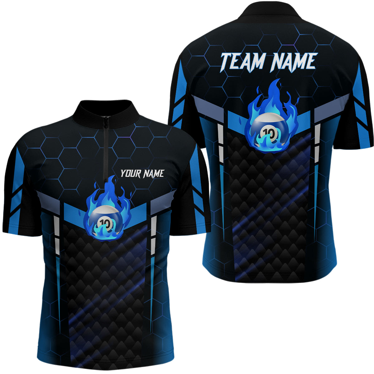 Personalized Blue Fire 10 Ball Billiard 3D Quarter-Zip Shirts For Men, 10 Ball Pool Team Jerseys VHM1022