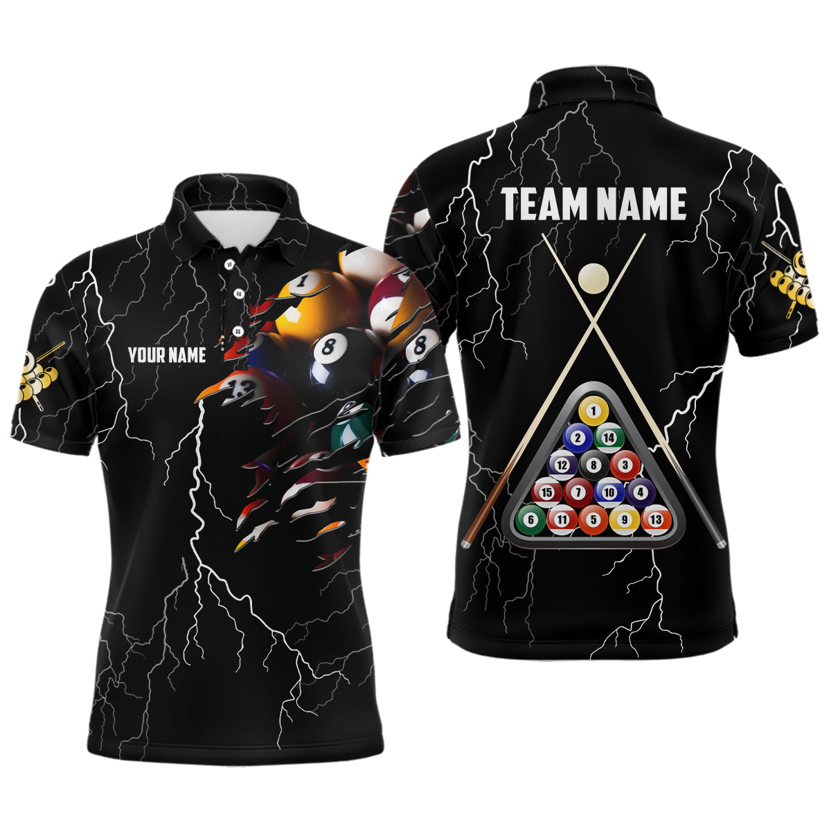 Personalized Name Thunder Billiard Ball 3D Polo Shirts For Men, Custom Billiard Pool Balls Jerseys VHM0722