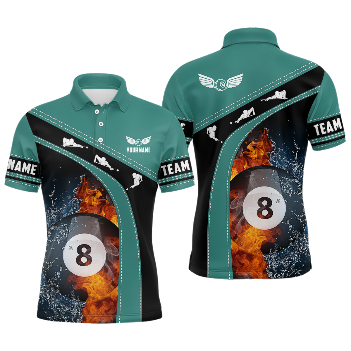 Personalized Fire And Water 8 Ball Billiard Green Black 3D Polo Shirts For Men, Billiards Jerseys VHM0391