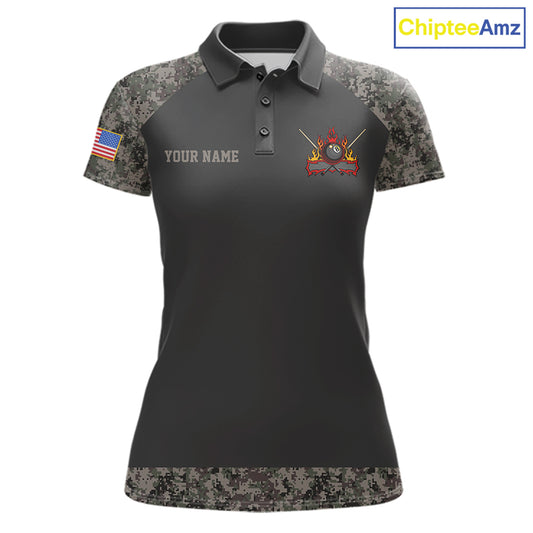 Personalized retro camo US flag 8 ball pool billiard team jersey polo shirt for women, custom patriotic pool league apparel and tournament jersey.