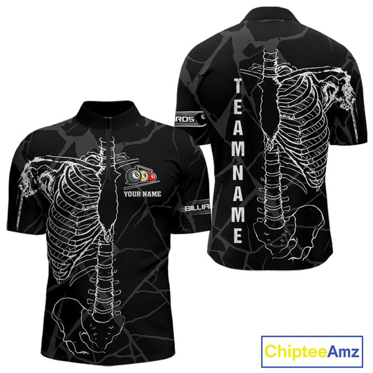 White Skeleton Custom Black Grunge Billiard Shirts For Men, Funny Billiard Jerseys Short Sleeve TDM2723