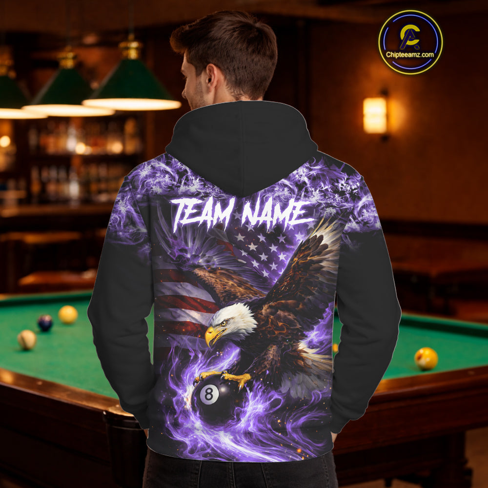 Purple Flaming Eagle 8 Ball Pool Hoodie For Men And Women Custom American Flag Billiard Hoodie TDM5728