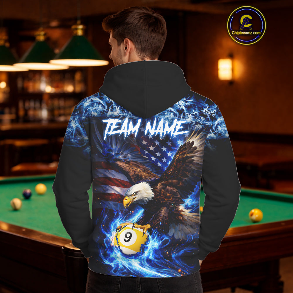 Blue Flaming Eagle 8 Ball 9 Ball Pool Hoodie For Men And Women Custom American Flag Billiard Hoodie TDM5729