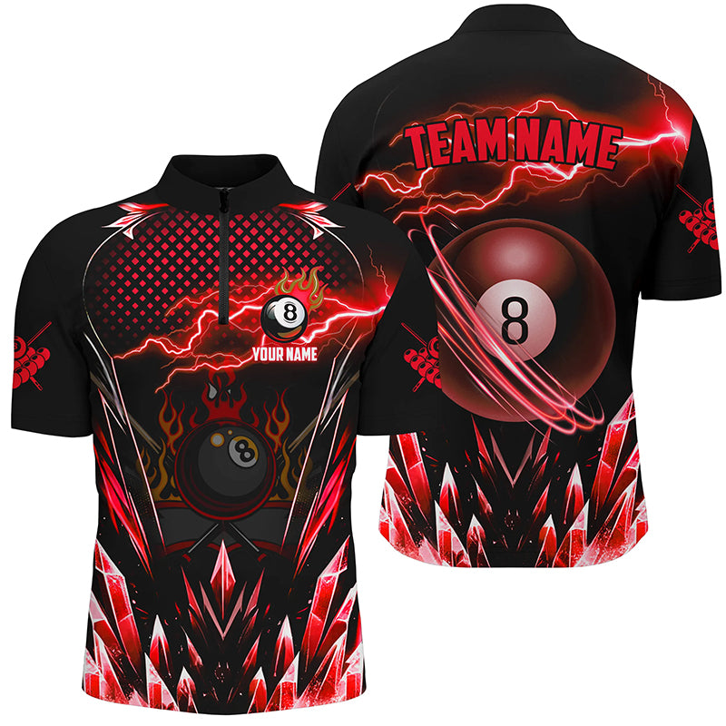 Custom Red Icy Lightning 8 Ball Pool Men Quarter-Zip Shirts, Billiard Team League Jersey TDM1442