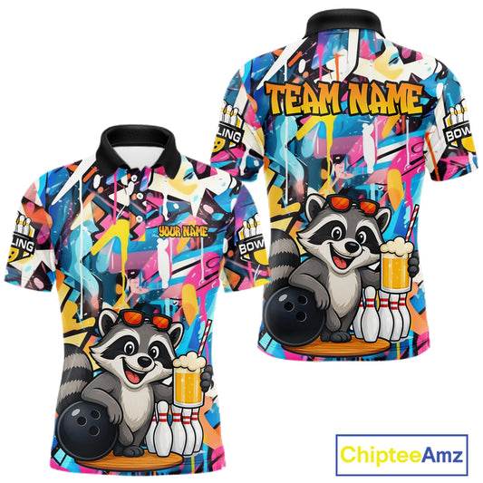 Funny Raccoon Colorful Graffiti Bowling Shirts For Men, Best Bowling Team Jersey Polo & 1/4 Zip TDM6512