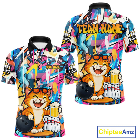 Funny Cat Colorful Graffiti Bowling Shirts For Men, Best Bowling Team Jersey Polo & 1/4 Zip TDM6513